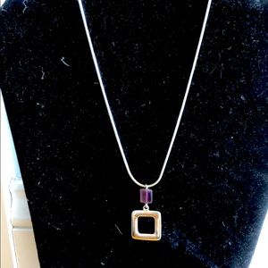 Silver Necklace with Purple & Silver Square Charm